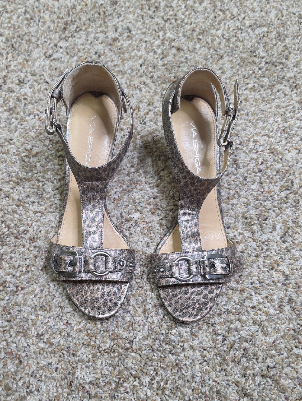 Via Spiga Metallic Taupe Leopard-Print T-Strap Heels